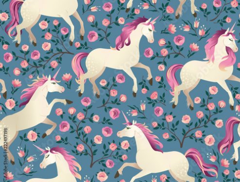 Unicorns on background with a fairy forest. Seamless pattern. - 901157479