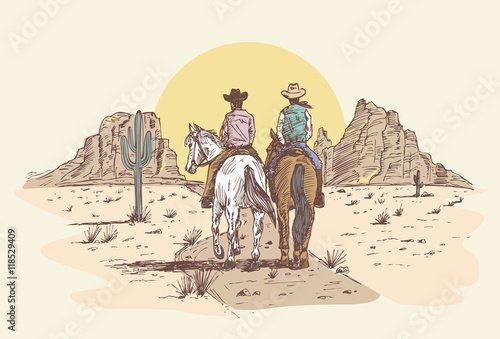 Hand drawn cowboys riding horses in desert at sunset