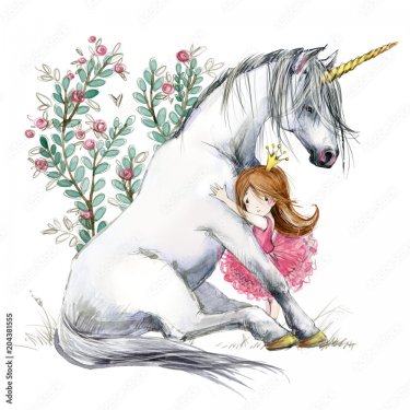 White unicorn and princess watercolor hand drawn illustration