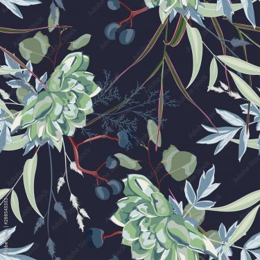 Motif floral d'herbes et fleurs sur fond bleu