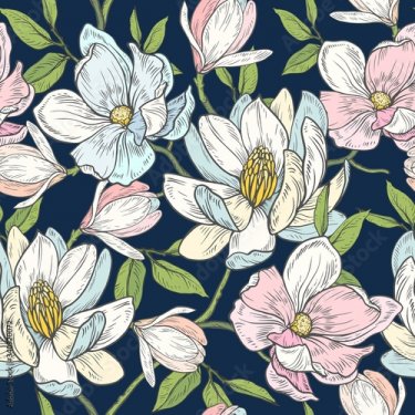 Seamless floral pattern with magnolias on a blue background. - 901157493
