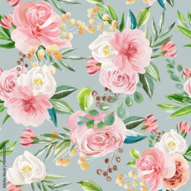 Beautiful floral seamless, tileable, watercolor pattern roses and peonies on ... - 901157496