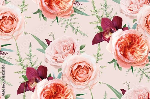 Watercolor seamless floral pattern, textile fabric background design. Blush peach, light pale coral Rose flowers, burgundy orchid, greenery fern leaves, eucalyptus bouquet.