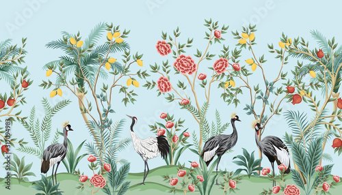 Vintage chinoiserie floral palm tree, fruit tree, plant, crane bird, red rose... - 901157499