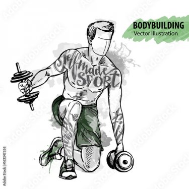 Hand sketch of a man is training with dumbbells.