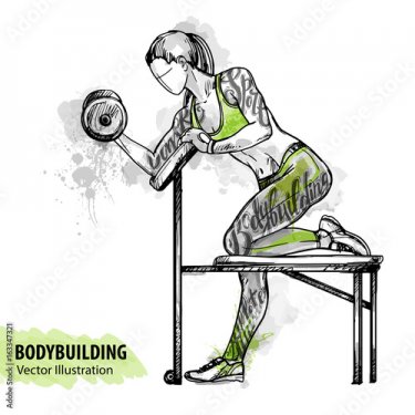 Hand sketch of a girl is training with dumbbells. - 901157513