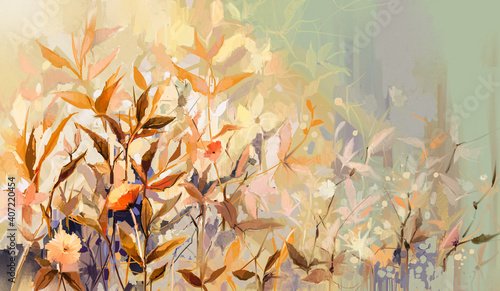 Abstract oil painting of colorful flower with orange, red, yellow leaf. Illustration hand painted, nature of fall, autumn season.