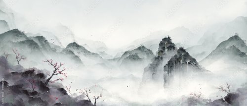 Peinture à l'encre traditionnelle orientale de paysage en hiver - 901157517