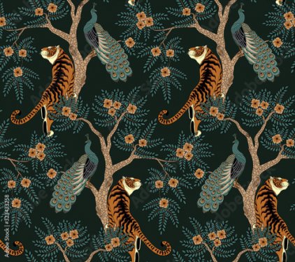 Seamless pattern with tiger and peacock on tree with flowers in asian style - 901157543