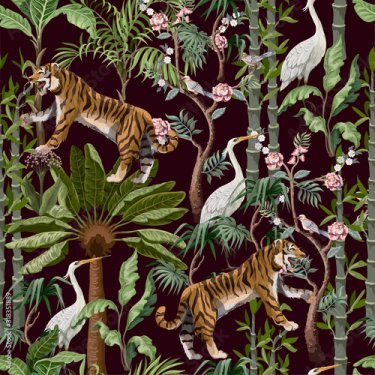 Motif harmonieux de style chinois avec tigres, hérons et arbres de la jungle.
