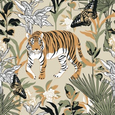 Seamless pattern with tiger in the tropics. Background with jungle, tiger and... - 901157546