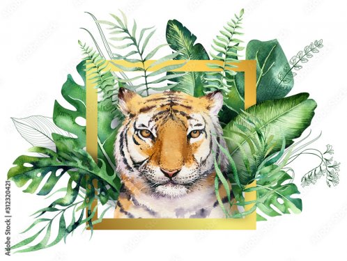 Watercolor tiger illustration and summer paradise tropical leaves jungle print with frame. Palm plant and flower isolated on white.