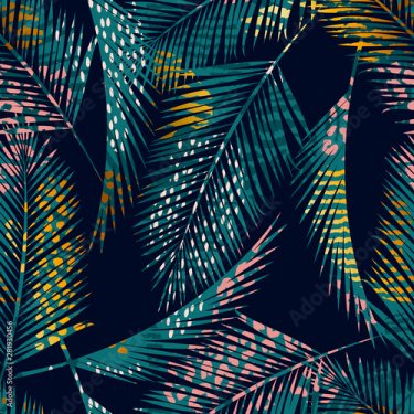 Trendy seamless exotic pattern with palm, animal prints and hand drawn textures - 901157551