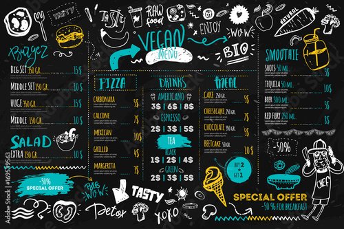 Vegan menu with hipster chef, doodle organic food and lettering. ecological concept on dark chalk board