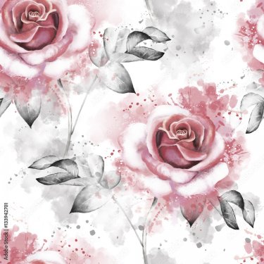 Seamless pattern with pink flowers and leaves on white background, watercolor... - 901157603