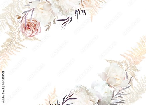Pastel pampas grass, ivory peony, creamy magnolia, dusty rose, silver dried leaves.