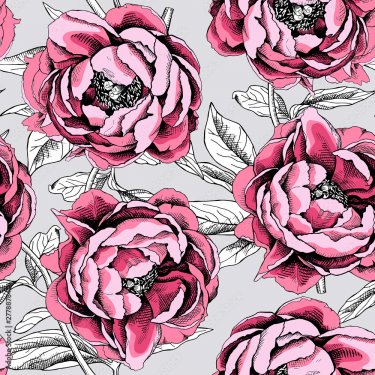 Seamless pattern with pink Peony flowers and leaves on a gray background - 901157608