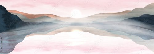 Watercolor art background with mountains and hills on the lake with the sun at sunset.