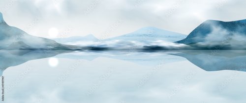Watercolor art background with mountains and hills in the fog in blue tones o... - 901157615