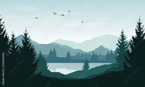 paysage avec des silhouettes bleues de montagnes, de collines, forêts, de ciel avec des nuages et oiseaux
