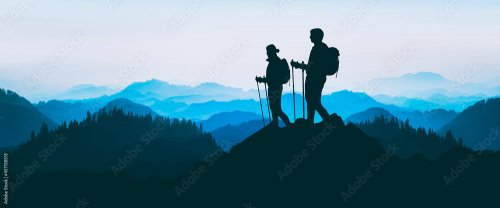 Blue landscape background banner panorama illustration vector drawing - Breathtaking view with silhouette of mountains, hills, forest and two hikers