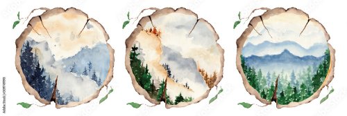 Watercolor landscape with pine and fir trees and mountains abstract nature background