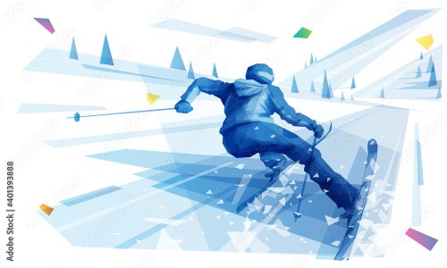 Female skier riding the slope at the hight speed in mountain landscape