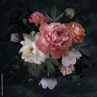 Baroque bouquet. Beautiful garden flowers and leaves on black background. - 901157640
