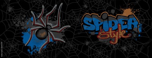Scary spider on background with web. Cartoon illustration of tarantula. Urban... - 901157663
