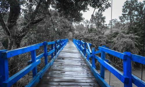 Blue wood bridge on a monochromatic background
