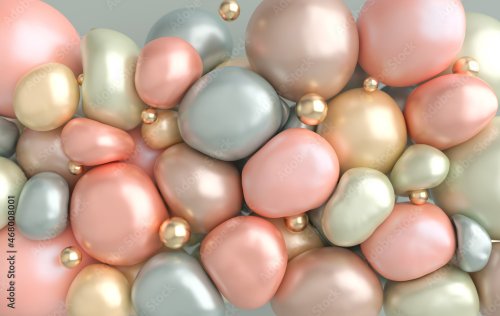 Dynamic abstract pastel colored 3d rendering background with soft spheres. Water drops and pearl blush, eye shadow particles