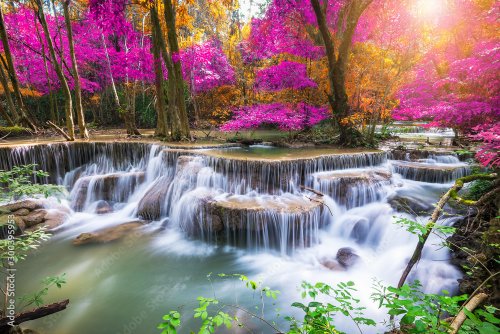Amazing in nature, beautiful waterfall at colorful autumn forest in fall season - 901157693