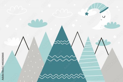 Children hand drawn color mountain illustration in scandinavian style. Mountain landscape, clouds and cute moon