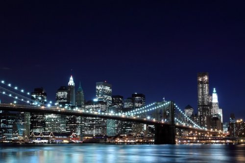 Brooklyn Bridge and Manhattan Skyline  At Night, New York City - 900019397