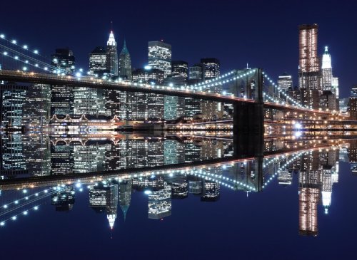 Brooklyn Bridge and Manhattan Skyline At Night, New York City - 900019853