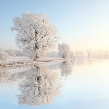 Frosty winter tree against a blue sky with reflection in water - 900052074