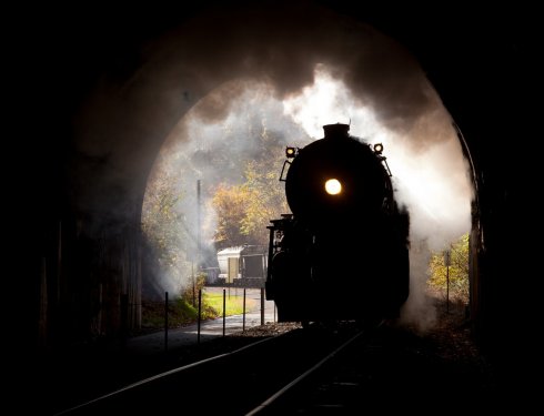 Steam locomotive enters tunnel - 900062518
