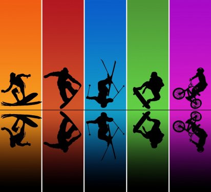 Active sports silhouettes over a rainbow background