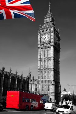 Big Ben with red city bus in London, UK - 900451856