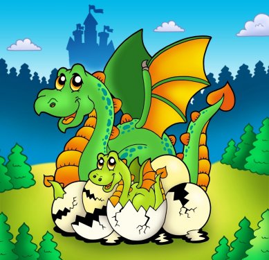 Dragon mom with baby in forest - 900462639