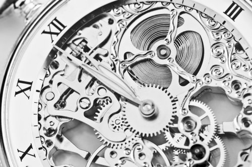 black and white close view of watch mechanism - 900463762