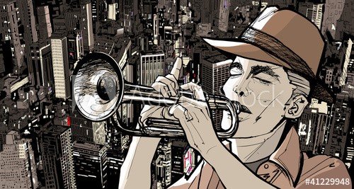 trumpeter over a cityscape background - 900463986