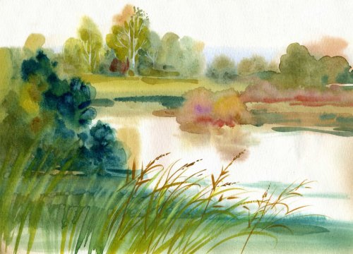 Watercolor Landscape Collection: Near the River - 900464212