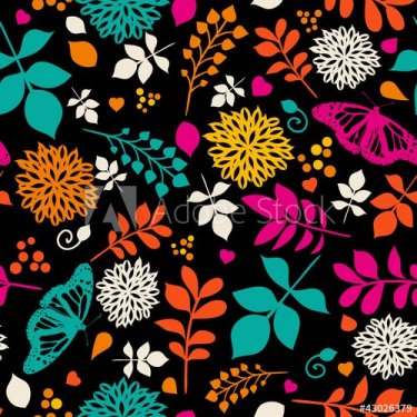 Floral bright seamless pattern with flowers and butterfly - 900465781