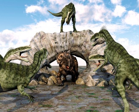 monolophosaurus gang ready to attack einiosaurus