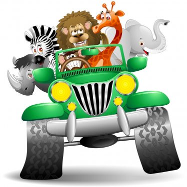 Geep con Animali Selvaggi Cartoon-Savannah Wild Animals On Jeep - 900562618