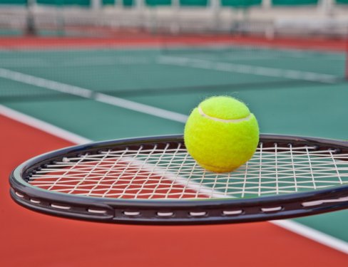 Tennis court with ball and racket - 900663584