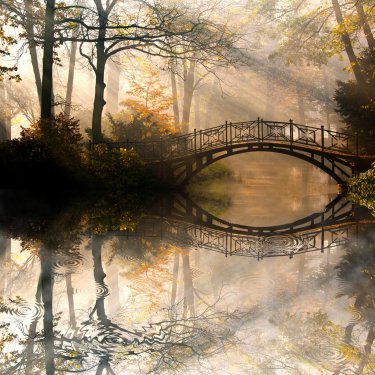 Autumn - Old bridge in autumn misty park - 900676018