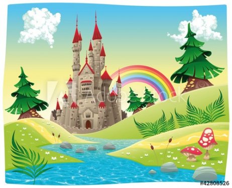 Panorama with castle. Cartoon and vector illustration.