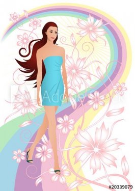 Beautiful girl against floral background with rainbow - 900868241